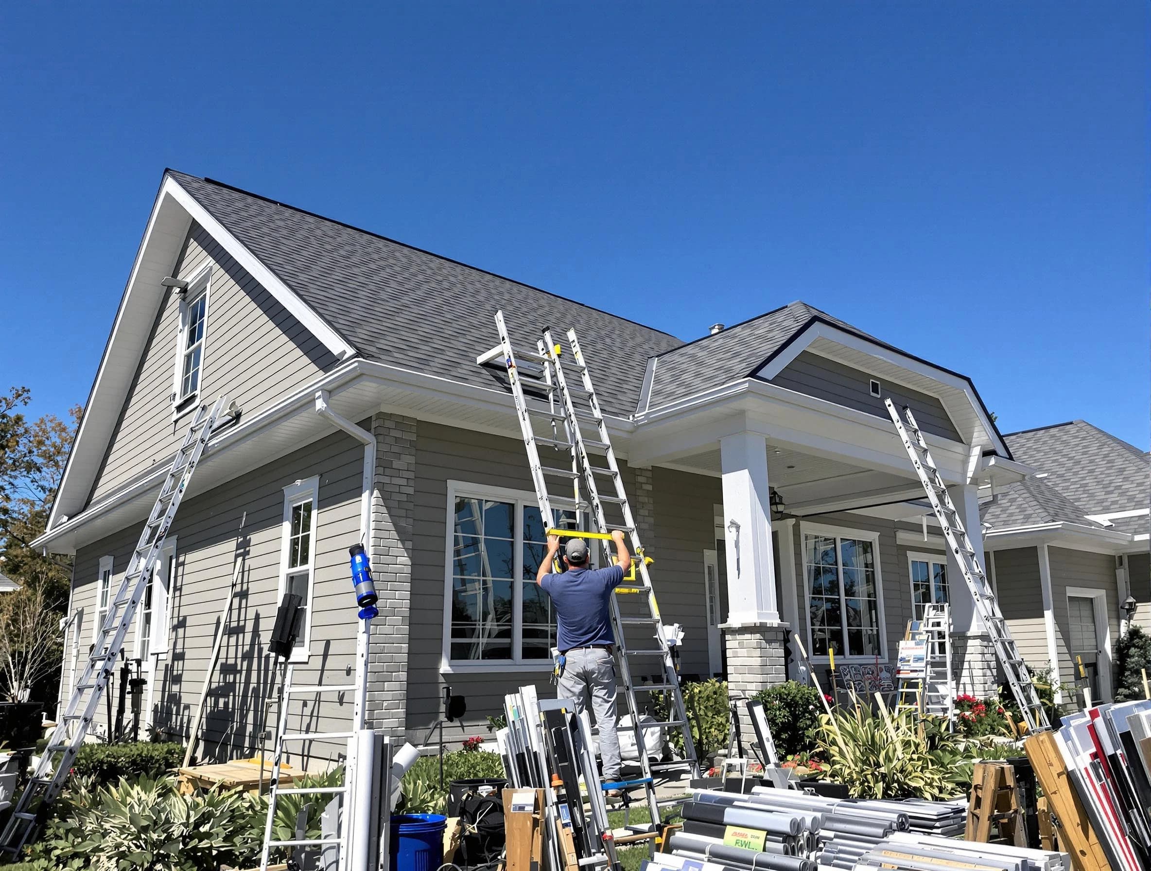 Middleburg Heights Roofing Company fitting rain gutters at a home in Middleburg Heights, OH
