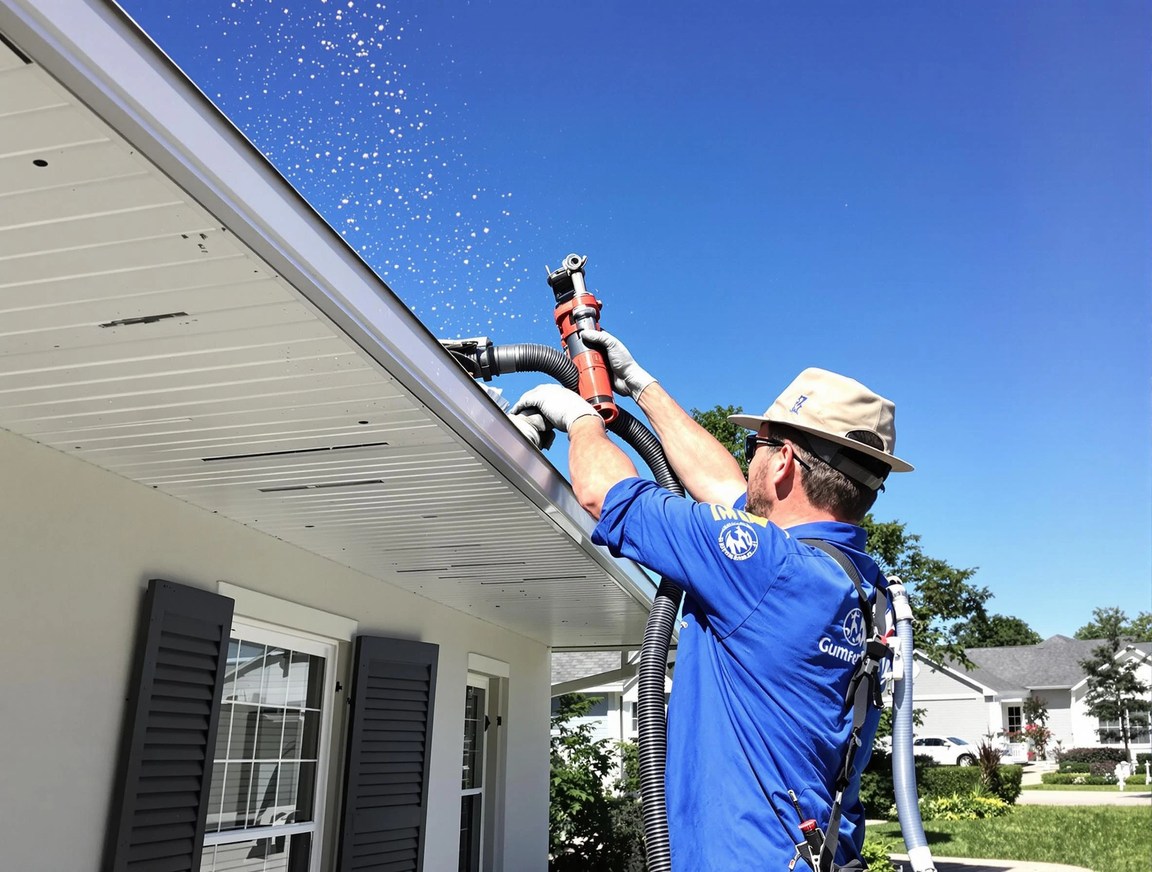 Technician completing a gutter cleaning project by Middleburg Heights Roofing Company in Middleburg Heights, OH