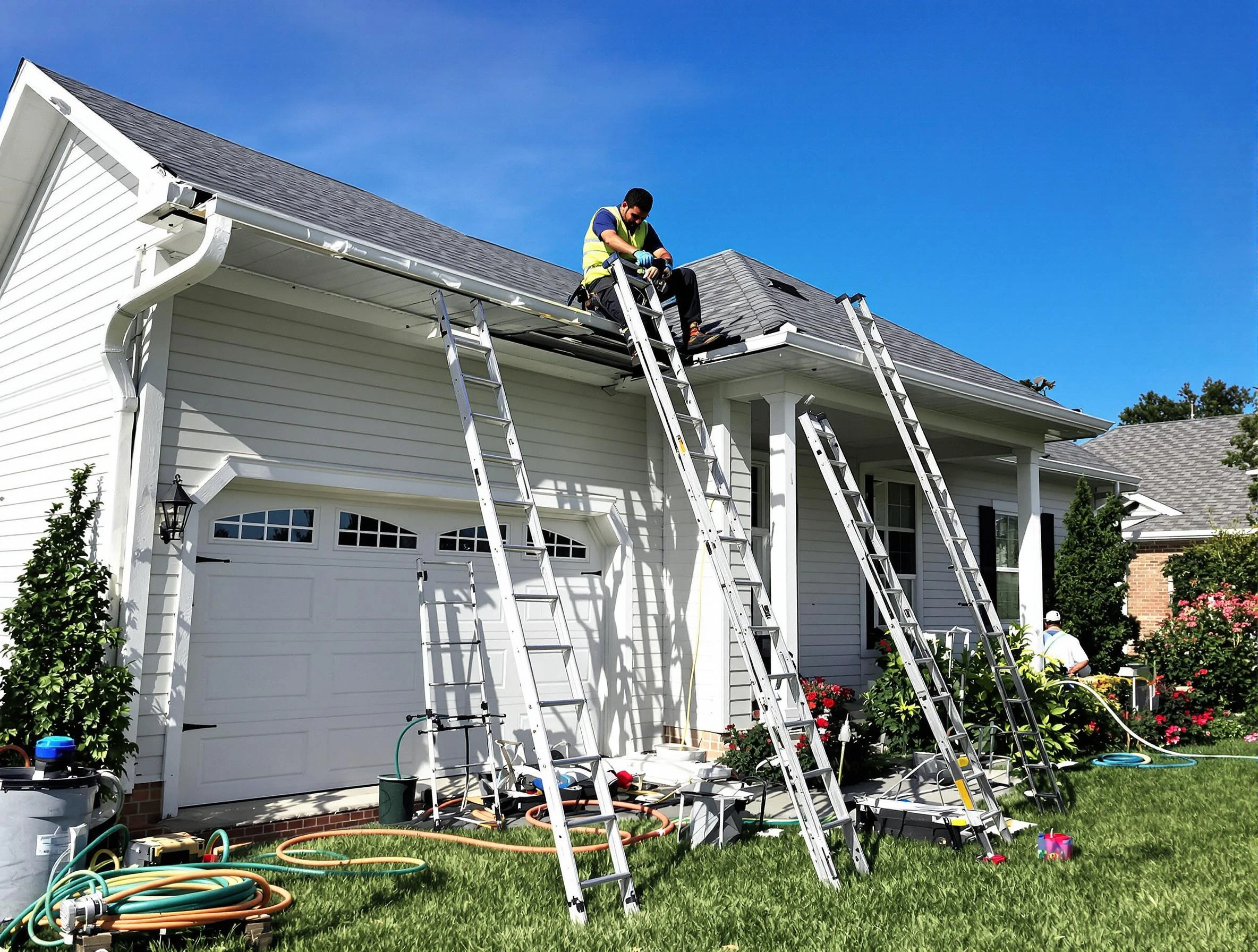 Removal of old gutters by Middleburg Heights Roofing Company to install new system in Middleburg Heights, OH
